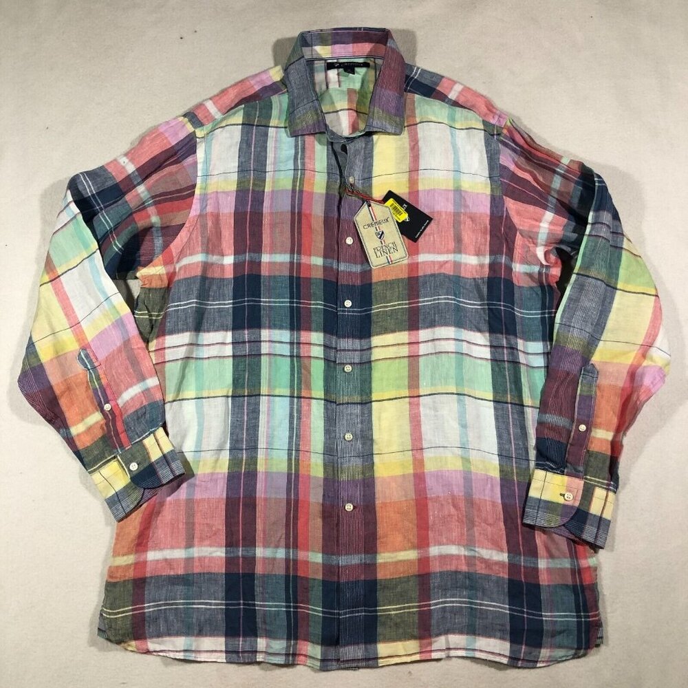 Cremieux Shirt Mens XL Plaid Button Front Long Sleeve Colorful Linen NEW $80